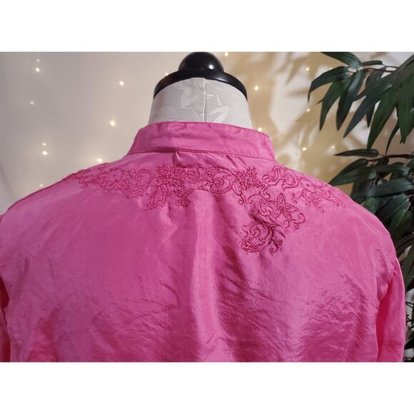 Chicos 100% Silk Shell Button Embroidered Blouse Womens Size 2 US L 12 Pink Top - Picture 7 of 11